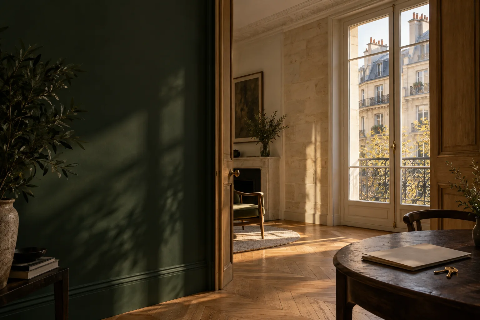 Intérieur lumineux d’un appartement donnant sur des façades en pierre